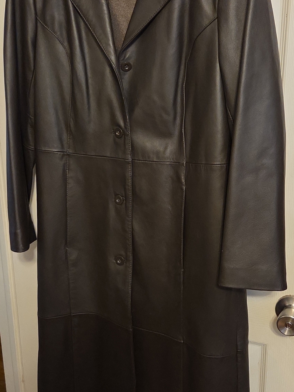 Long Black Leather Button-Front Coat